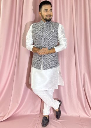 White Kurta Churidaar With Woven Nehru Jacket