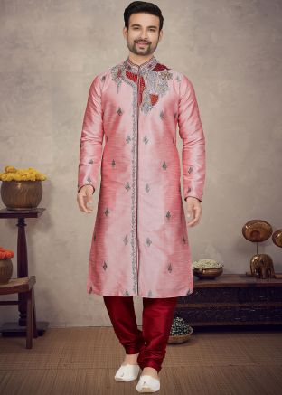 Pink Art Silk Kurta Pajama In Embroidery