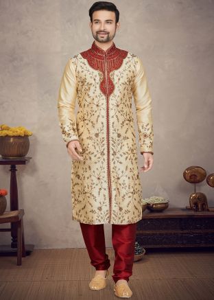 Cream Kurta Pajama In Art Silk