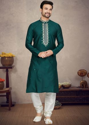 Teal Green Woven Mens Kurta Pajama