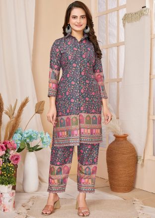 Grey Readymade Rayon Digital Printed Co-Ord Set