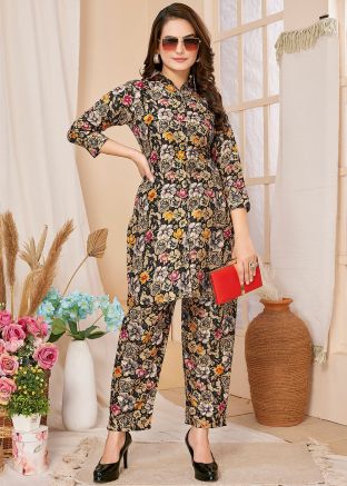 Black Readymade Digital Printed Co-Ord Set In Rayon
