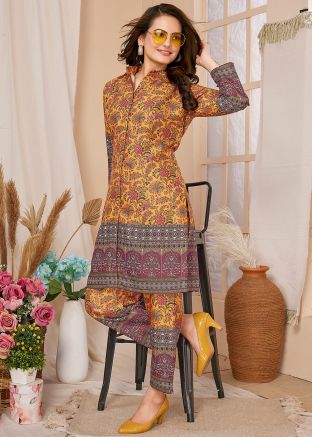 Yellow Readymade Rayon Coe-Ord Set In Digital Print
