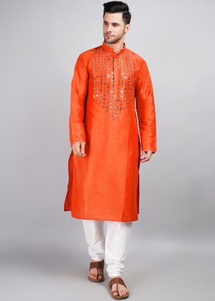 Mens Orange Mirror Work Kurta With Pajama