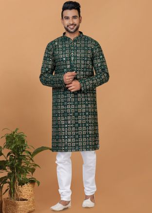 Green Readymade Embellished Mens Kurta Pajama In Georgette