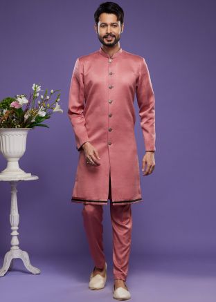 Pink Mens Indo Sherwani Set In Art Silk