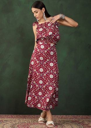 Maroon Readymade Crape Co- Ord Set In Floral Print 