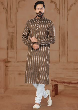 Brown Printed Mens Kurta Pajama In Cotton