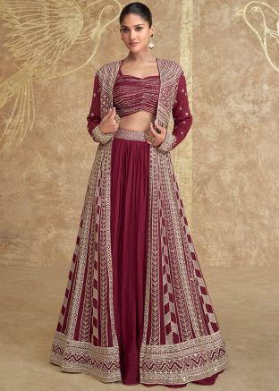 Maroon Embroidered Jacket Style Skirt Set In Chiffon