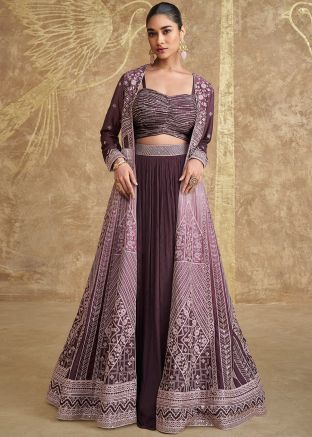 Wine Embroidered Jacket Style Skirt Set In Chiffon