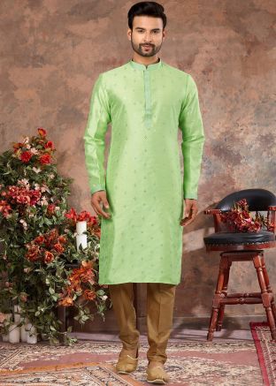 Green Mens Art Silk Kurta In Embroidery