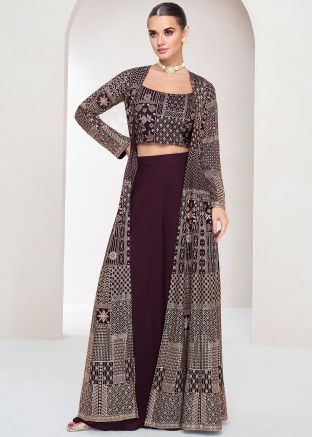 Wine Jacket Style Readymade Top Bottom In Georgette 