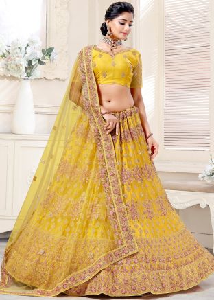 Yellow Thread Embroidered Lehenga Choli In Net