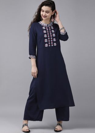 Navy Blue Embroidered Readymade Rayon Kurta Set