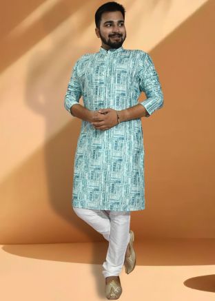 Mens Blue Printed Kurta & Pajama Set