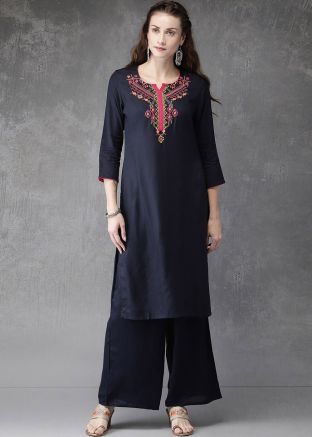 Navy Blue Rayon Readymade Embroidered Kurta Set