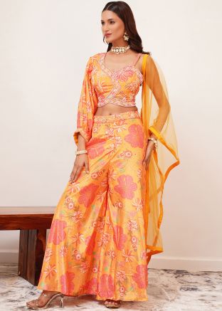 Orange Embroidered Readymade Crop Top With Palazzo