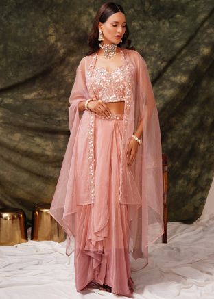 Peach Embroidered Draped Skirt Set With Shrug