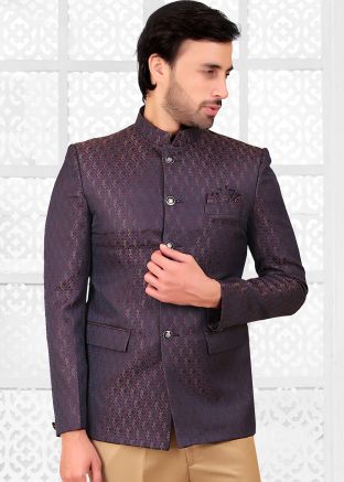 Mens Blue Woven Bandhgala Jodhpuri Jacket