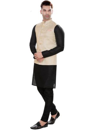 Black Readymade Jacquard Nehru Jacket Style Kurta Pajama 