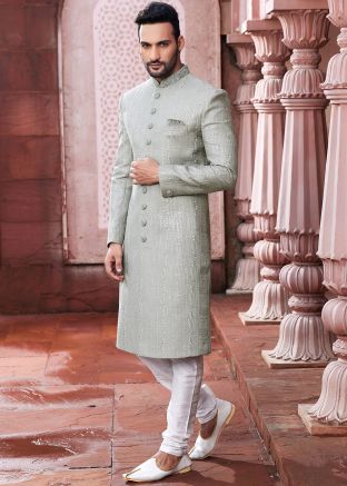 Grey Embroidered Mens Sherwani Set In Art Silk