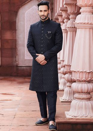 Black Thread Embroidered Mens Sherwani Set In Art Silk