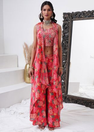Pink Floral Print Crop Top With Palazzo & Jacket