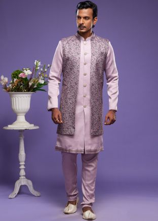 Pink Readymade Printed Art Silk Kurta Pajama With Long Jacket