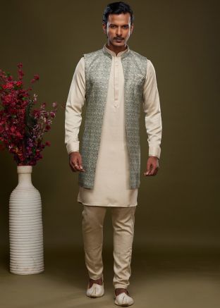 Beige Readymade Printed Art Silk Kurta Pajama In Long Jacket Style