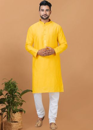 Yellow Viscose Mens Kurta Pajama In Sequins Embellishment