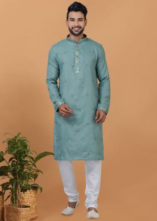 Blue Sequins Embellished Mens Kurta Pajama In Cotton