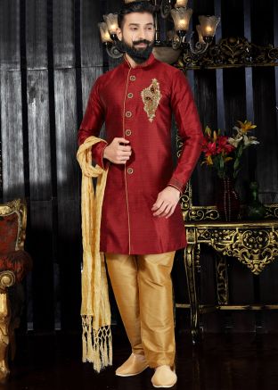 Readymade Maroon Art Silk Sherwani with Stole