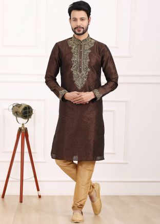 Brown Embroidered Kurta Pajama In Banarasi Silk