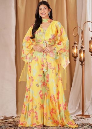 Yellow Readymade Printed Crape Crop Top With Palazzo