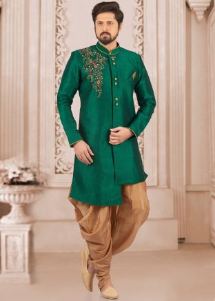 Green Embroidered Indo Western Sherwani With Dhoti