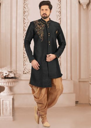 Black Embroidered Indo Western Sherwani With Dhoti