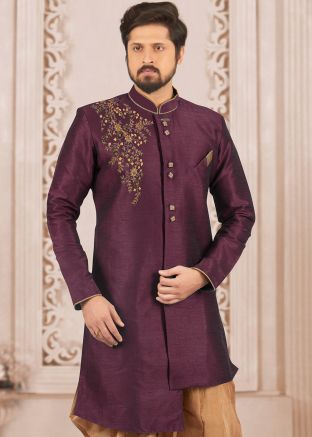Purple Mens Indo Western Sherwani In Dupion Silk