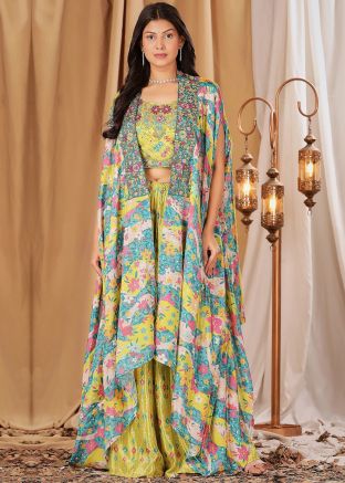 Green Embroidered Readymade Crop Top With Shrug
