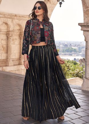 Black Chiffon Skirt Set With Embroidered Jacket