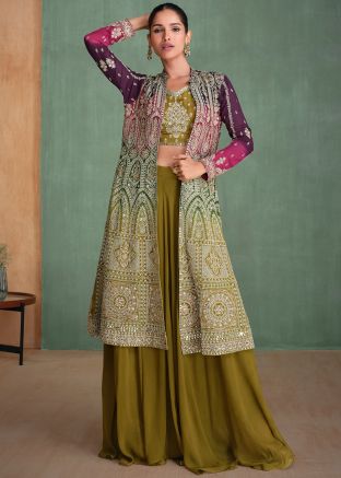 Green Georgette Readymade sharara Set With Jacket 