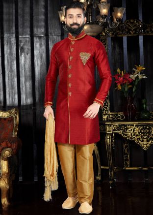 Readymade Red Art Silk Sherwani with Stole