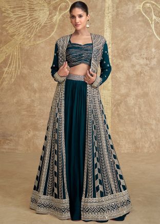 Green Embroidered Skirt Set With Jacket