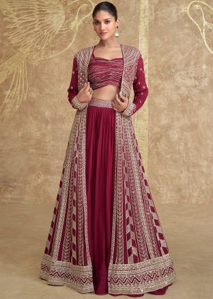 Maroon Embroidered Skirt Set With Jacket