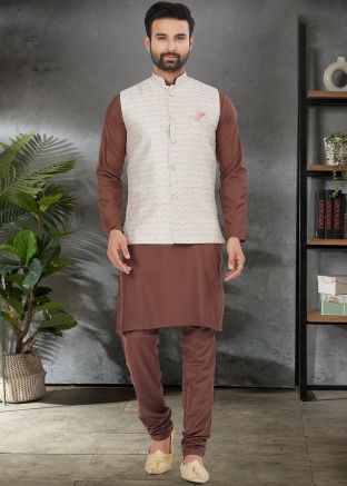 Brown Mens Nehru jacket Kurta Pajama In Cotton