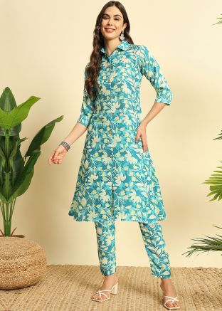 Blue Cotton Kurta Set In Floral Print