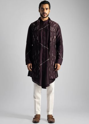Wine Embellished Kurta Pajama & Long Jacket