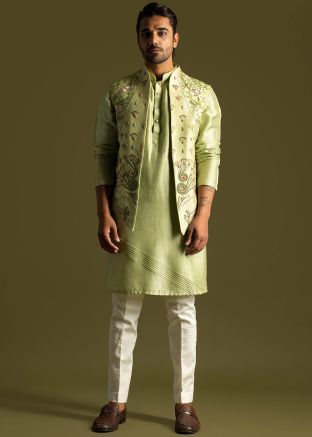 Green Embroidered Mens Kurta Pant & Jacket