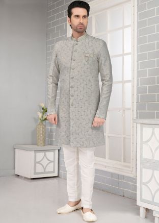 Grey Woven Jacquard Mens Sherwani With Churidar