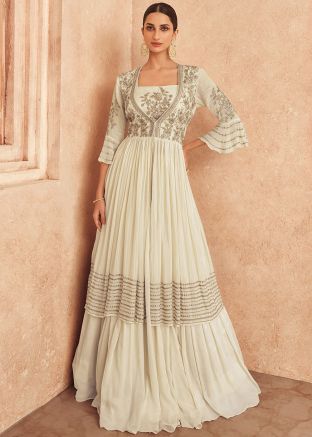 White Embroidered Jacket Style Skirt Set
