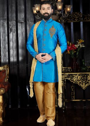 Readymade Sky Blue Art Silk Sherwani with Stole